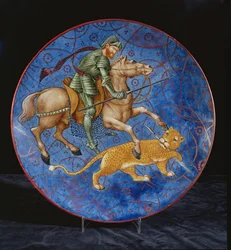 Plato con un Caballero Montado Intentando Atravesar un Leopardo